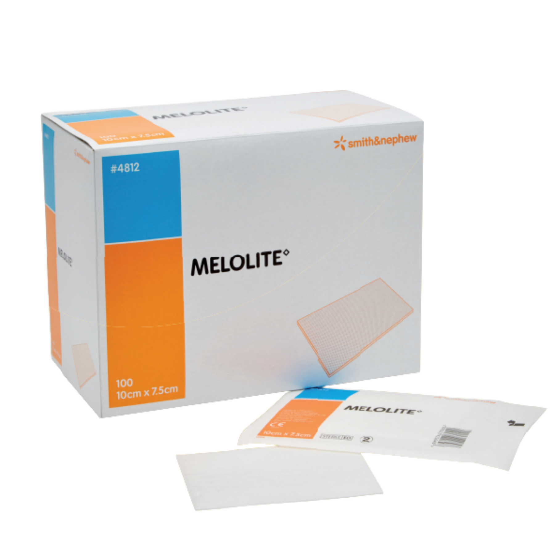 Smith & Nephew MELOLITE sterile absorbent dressing box (100 count), 10cm x 7.5cm, shown with an individual sachet and unwrapped pad.