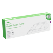 Green and white box of Mepilex Border Post-Op surgical dressings, 10 by 30 centimeter size.