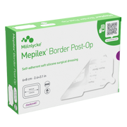 Green and white retail box for Mepilex Border Post-Op surgical dressings, size 6 by 8 centimeters.