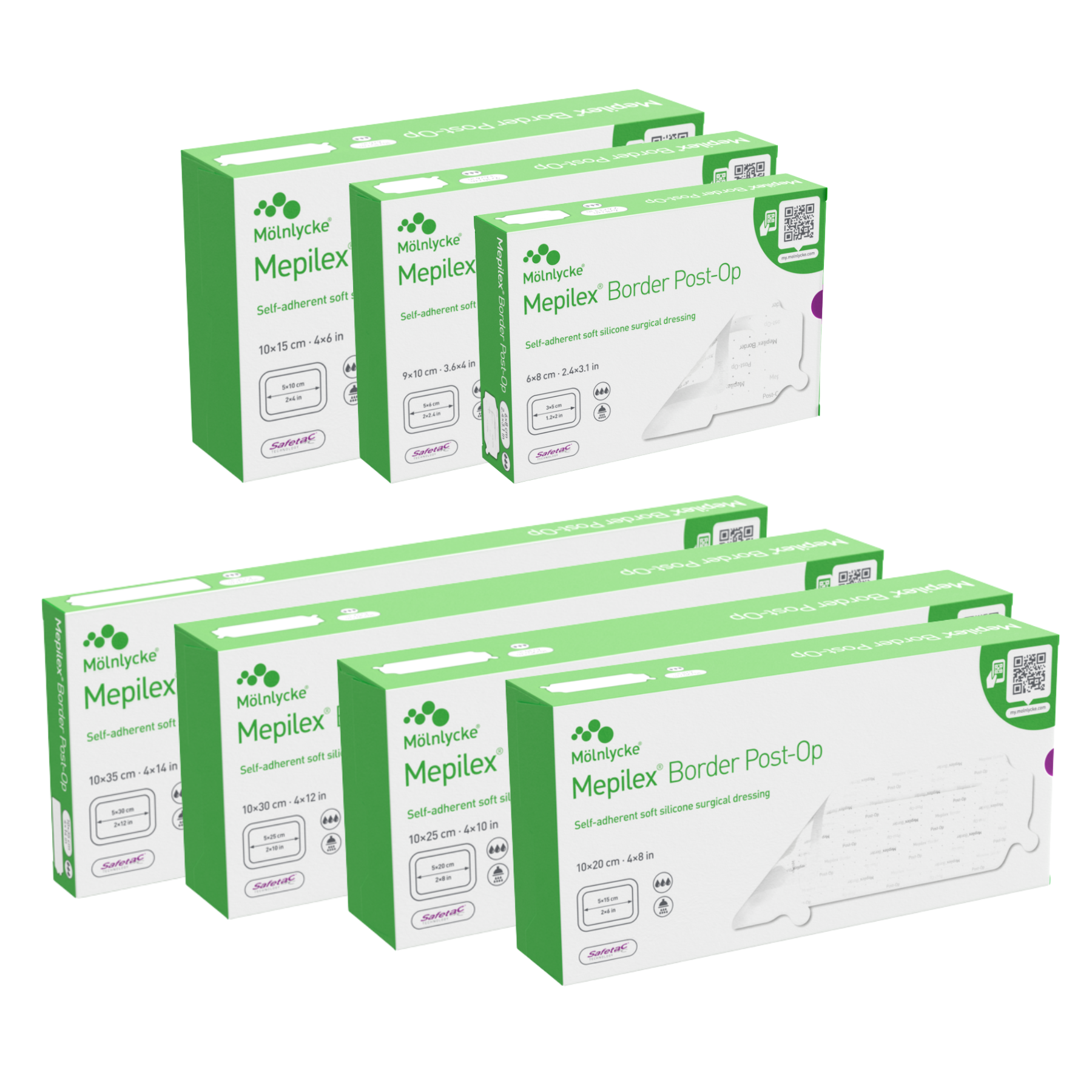 A collection of seven different boxes of Mepilex Border Post-Op dressings showing the full range of available sizes.