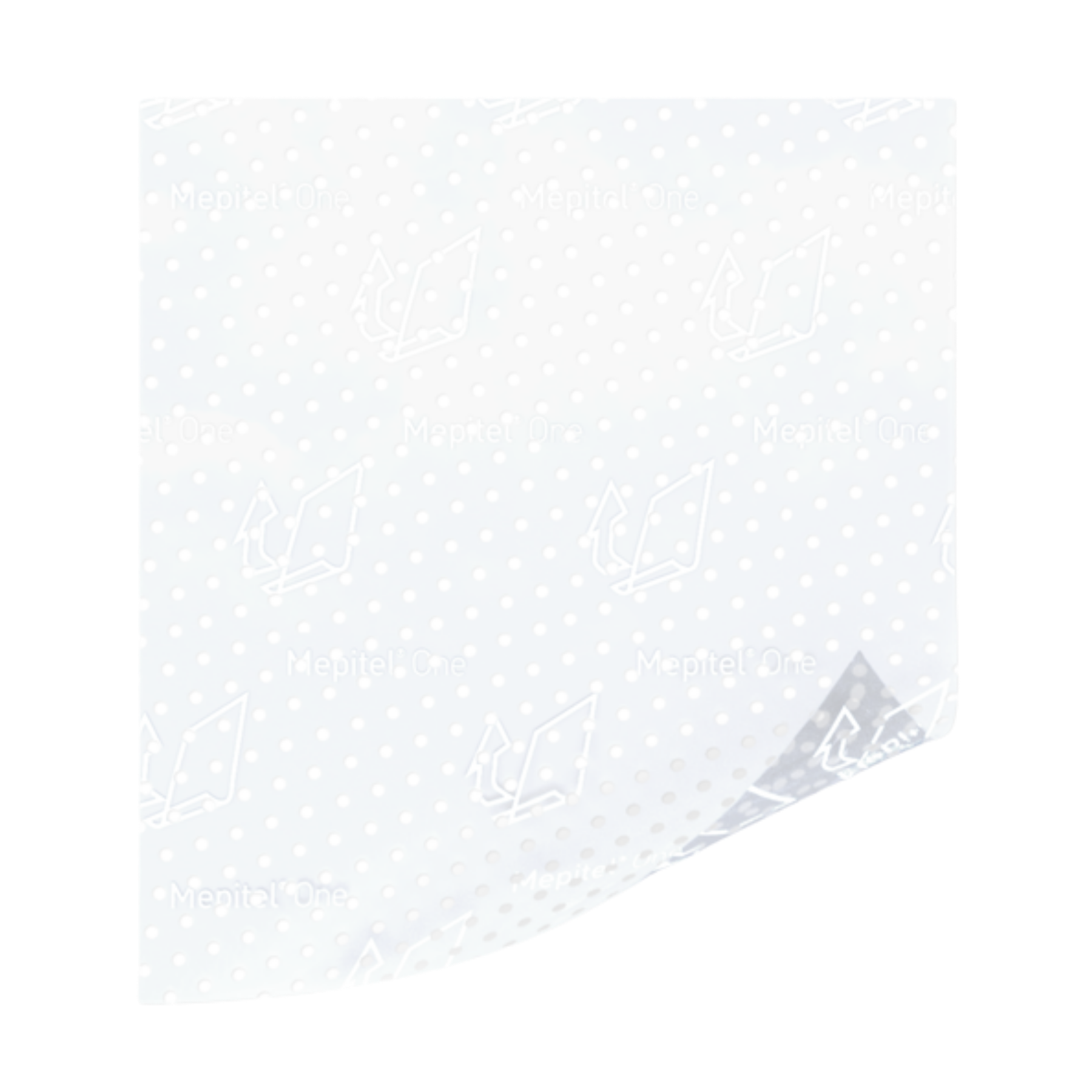 Close-up of a Mepitel One transparent dressing showing the perforated Safetac silicone adhesive texture and a peeled corner.