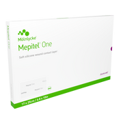 Box of Mepitel One soft silicone wound contact layer, size 17 x 25 cm (6.8 x 10 in).
