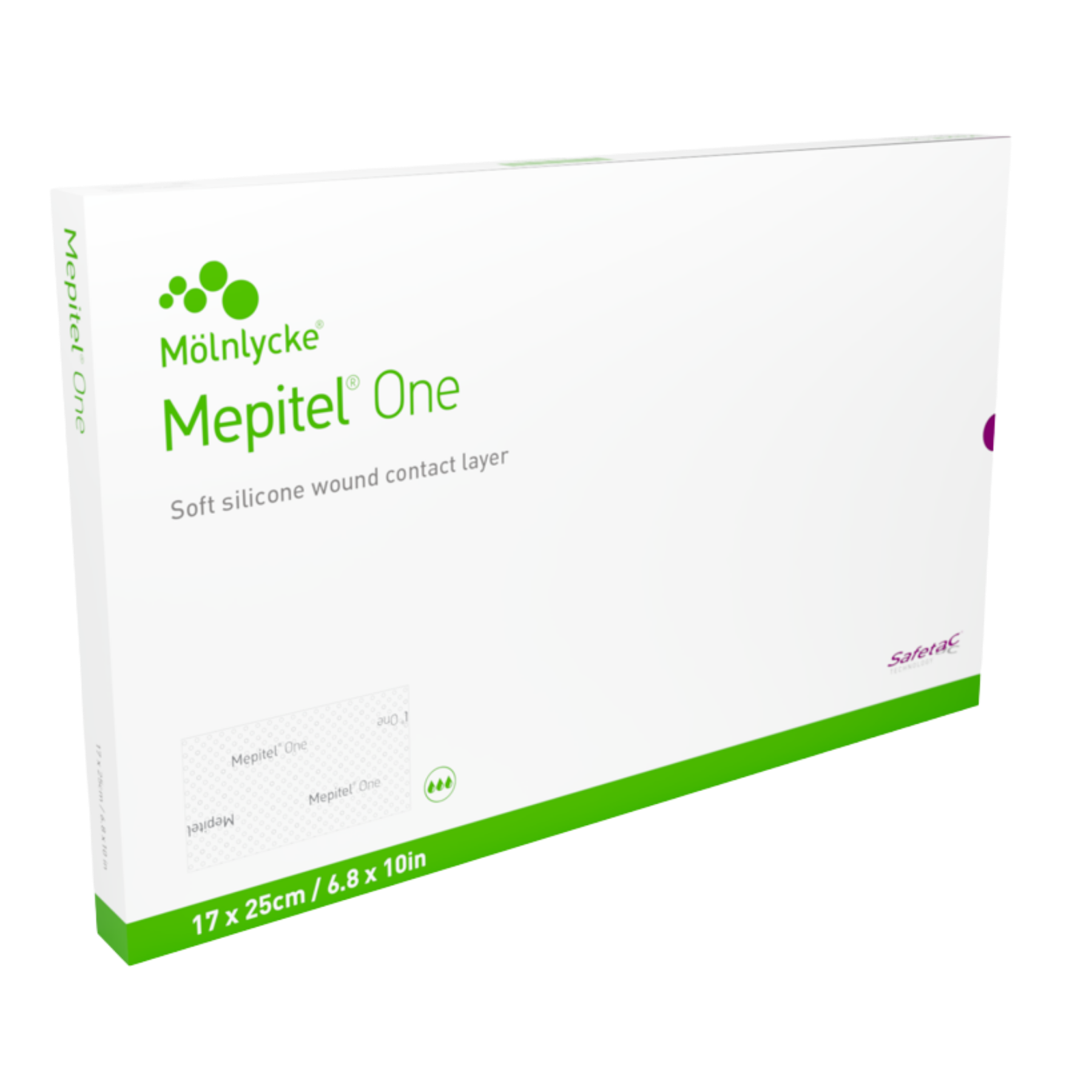 Box of Mepitel One soft silicone wound contact layer, size 17 x 25 cm (6.8 x 10 in).