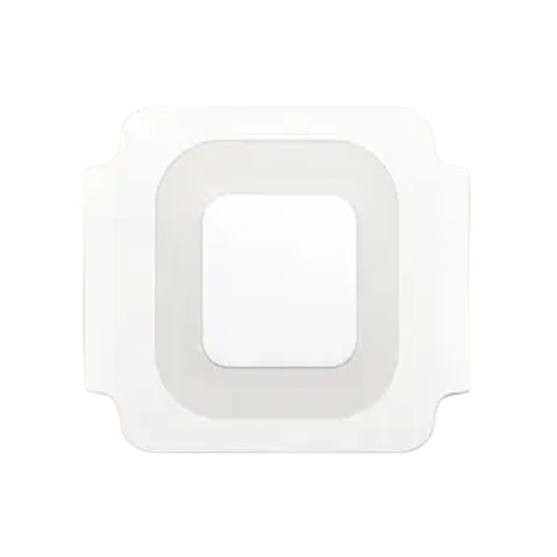 Top-down view of an unpacked Mepore Film & Pad dressing showing the central absorbent pad and transparent adhesive border.