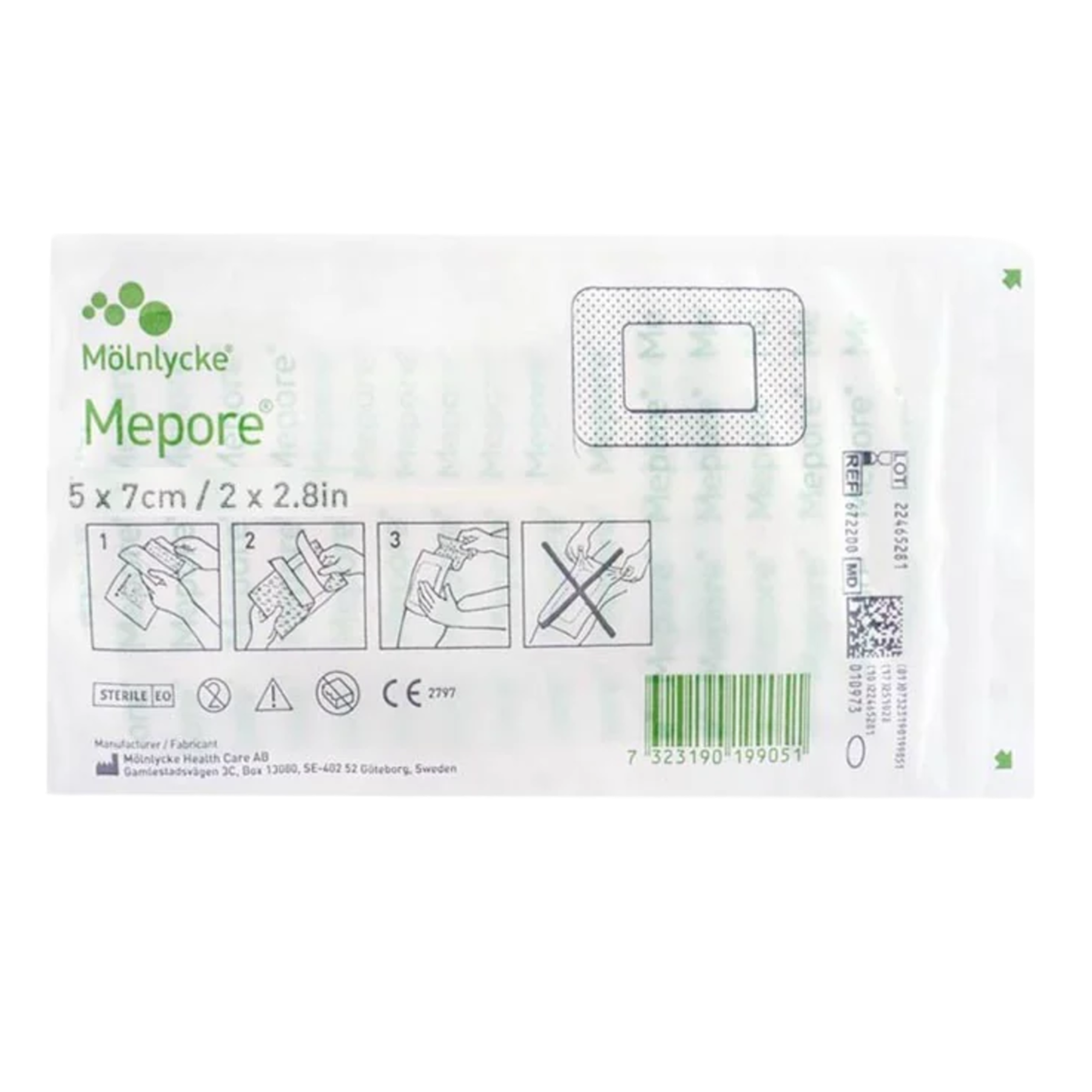 Målnlycke Mepore bandage packaging with instructions and branding on a white background