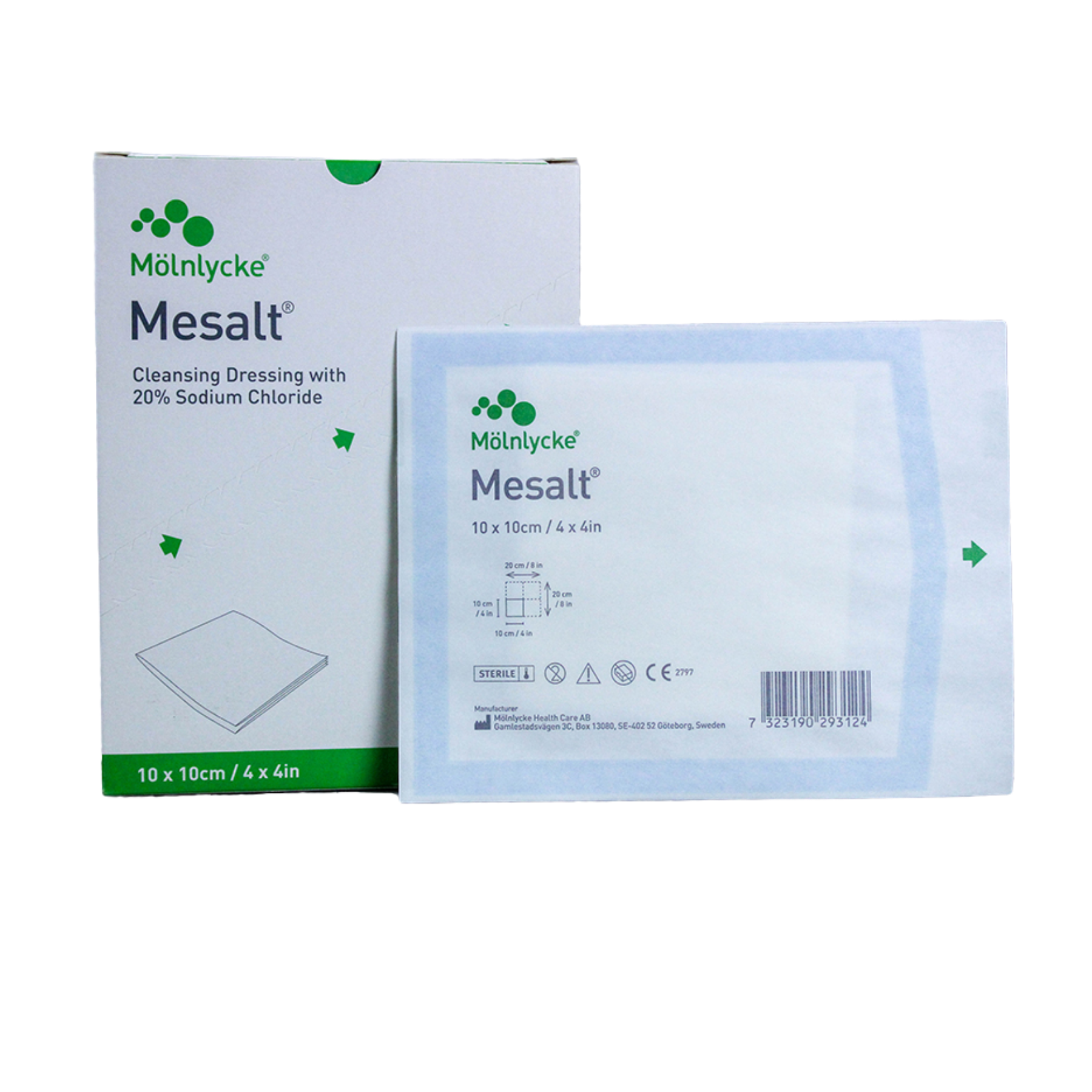 Packaging of Mesalt cleansing dressing with 20% sodium chloride, size 10 x 10 cm (4 x 4 in).