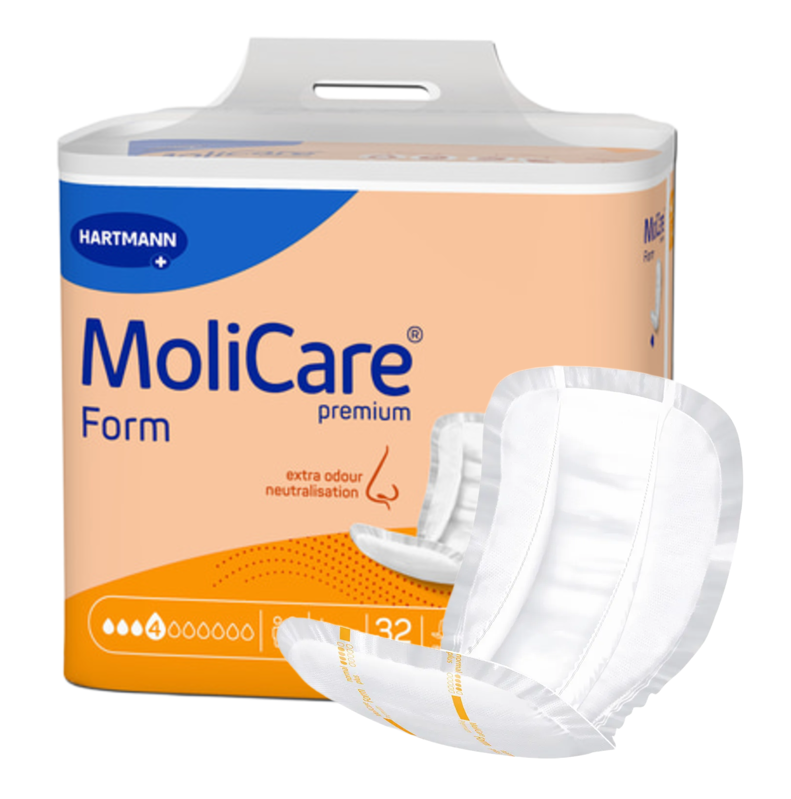 Front view of a MoliCare Form Premium 4-drop incontinence pad packaging with two large shaped pads displayed in the foreground showing the contoured design.