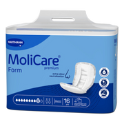 Front view of the blue Hartmann MoliCare Form Premium packaging, indicating a 9-drop absorbency level and a 16-piece pack count.