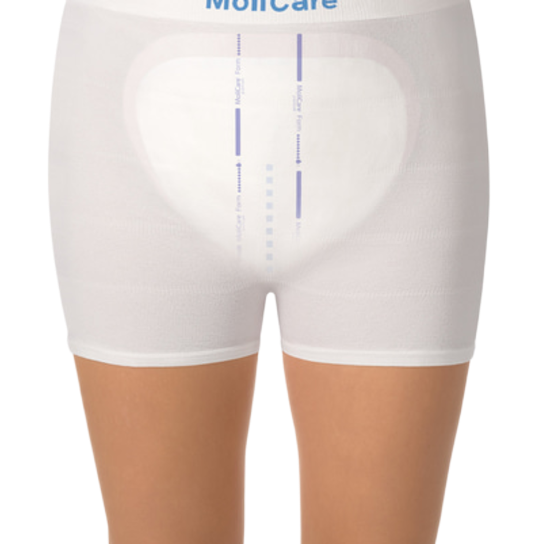 A MoliCare Form Premium incontinence pad shown securely fitted inside white mesh fixation pants on a model for a leak-proof fit.