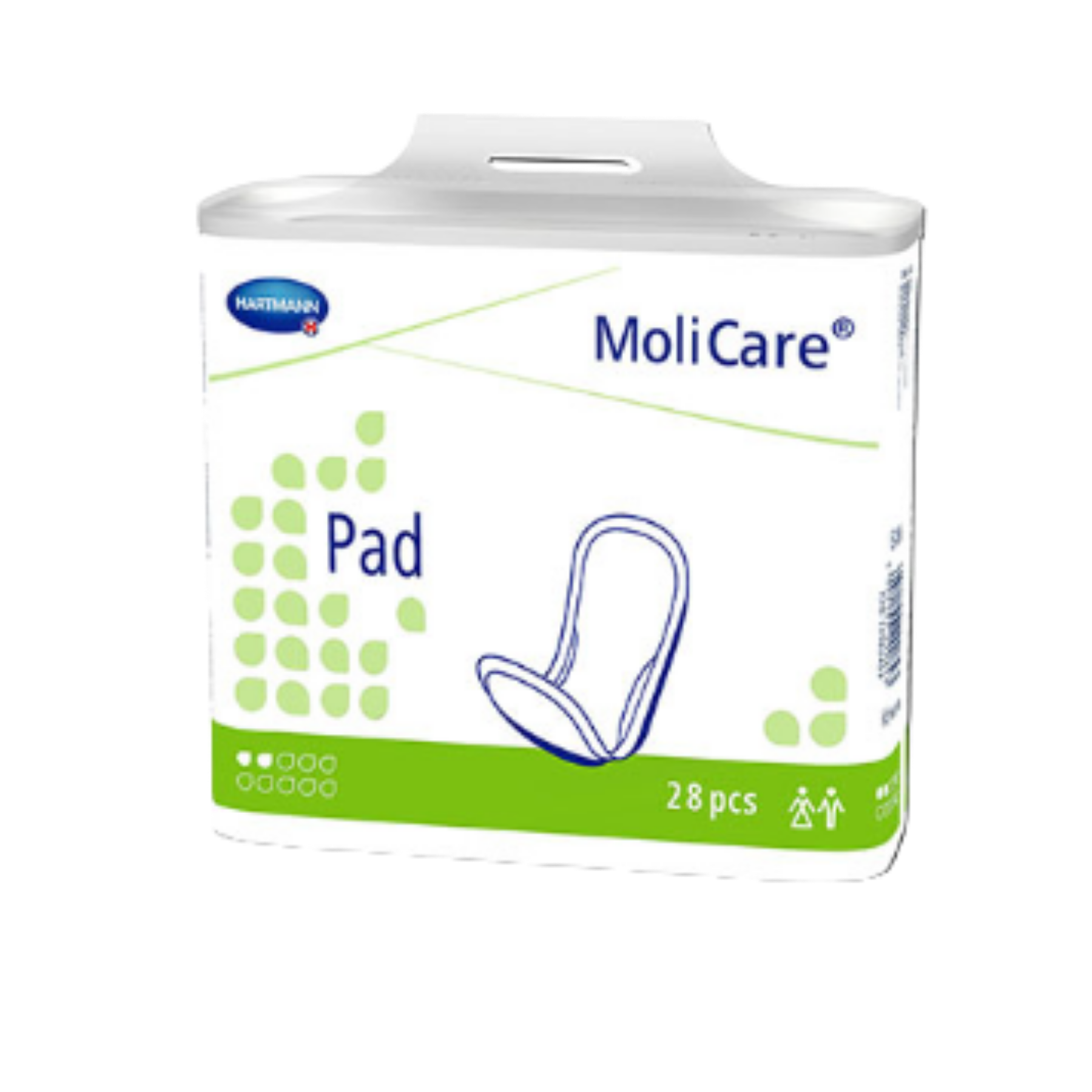Front packaging of MoliCare Pad 2 Drops (Unisex), a 28-pack of anatomical pads for light bladder weakness with 321ml absorbency.