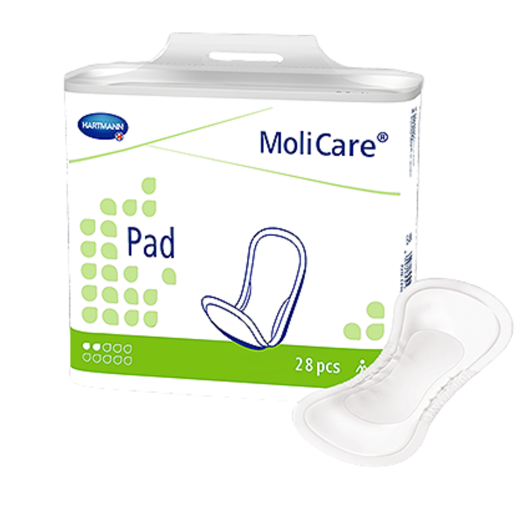 Product graphic highlighting the 3-layer absorbent core and quick-dry system of the MoliCare 2-drop unisex incontinence pad.
