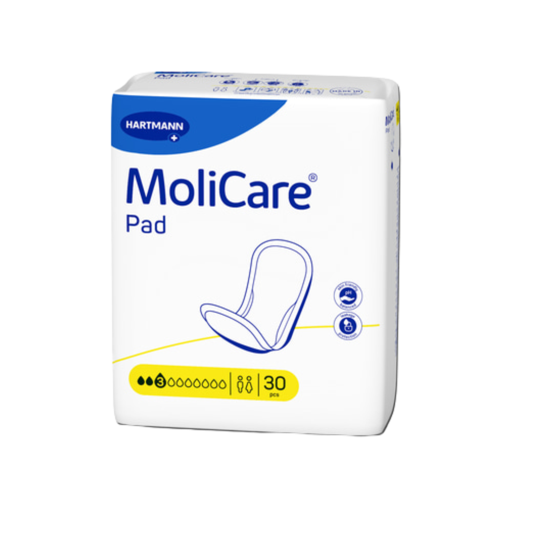 Front view of MoliCare Pad pack, 30 pieces, offering secure and discreet protection for moderate incontinence needs.
