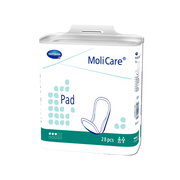 Angled view of MoliCare Pad packaging, showing the Hartmann logo, product name, and illustration of the pad. Pack contains 28 pieces for reliable incontinence care.
