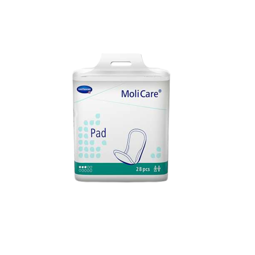 Front view of MoliCare Pad pack, 28 pieces, providing discreet and secure protection for light to moderate incontinence.
