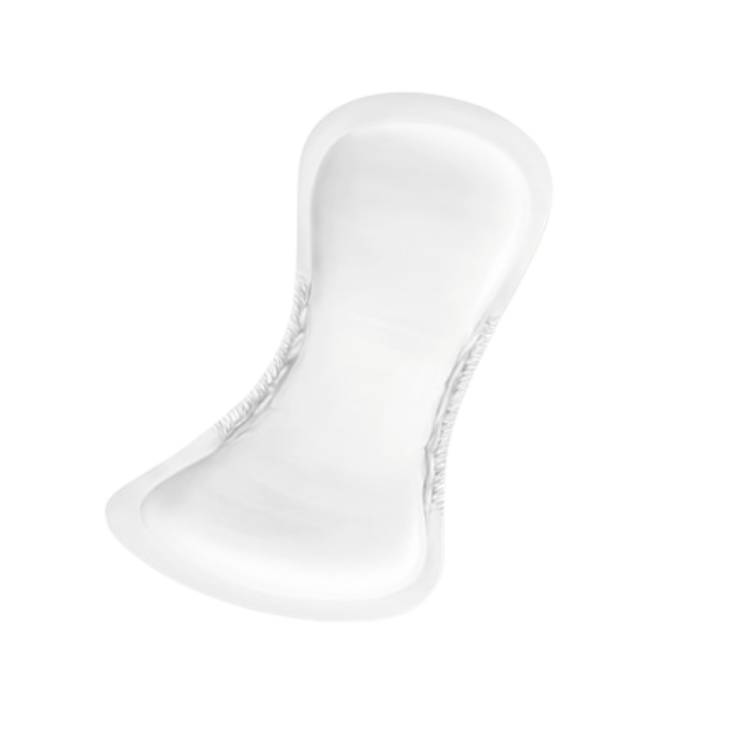 Close-up view of a single MoliCare Pad, featuring a contoured shape with elastic sides for secure fit and comfort. Designed for light to moderate incontinence protection.
