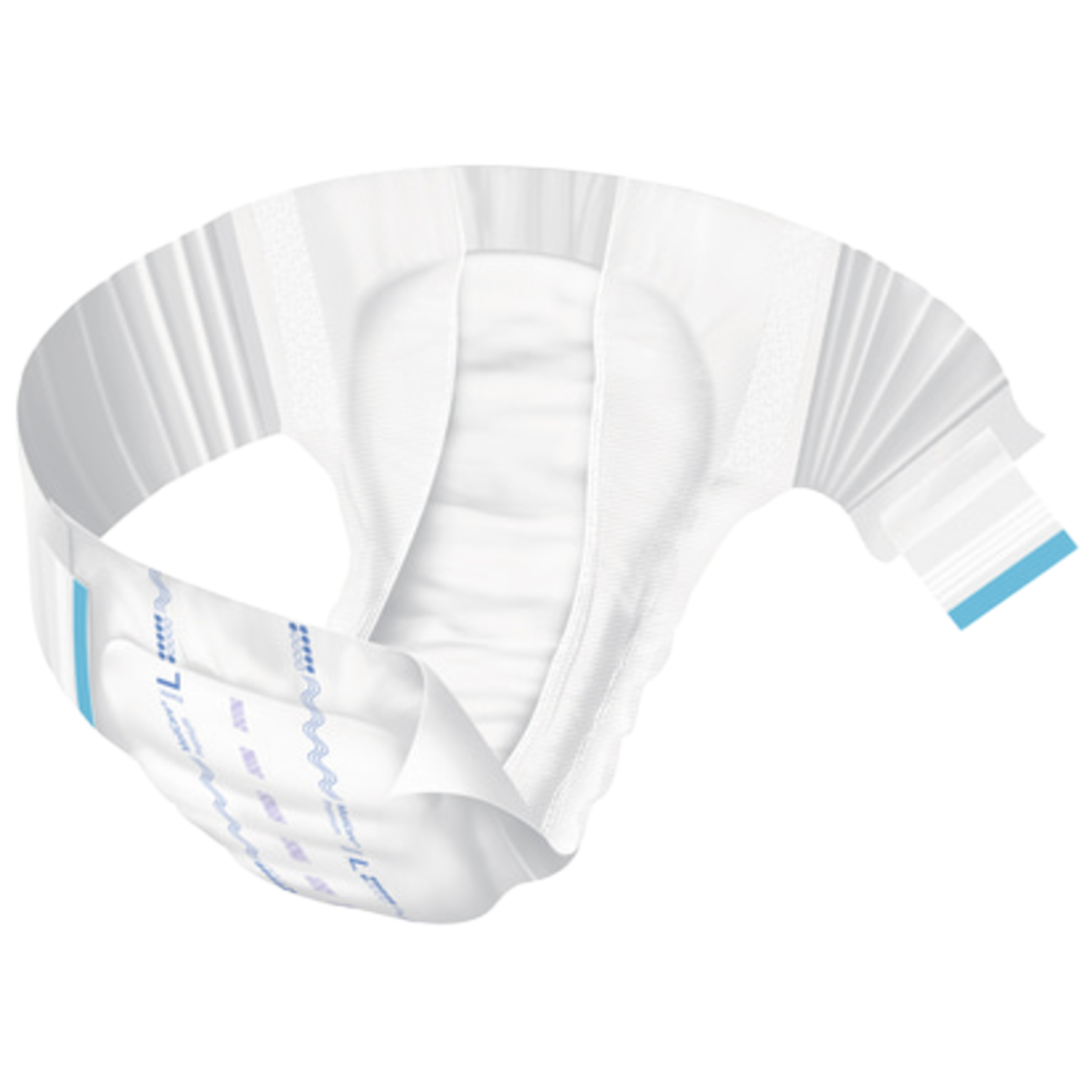 Open view of a MoliCare Premium Elastic adult diaper showing the absorbent core, elastic side panels, and blue adhesive tabs.