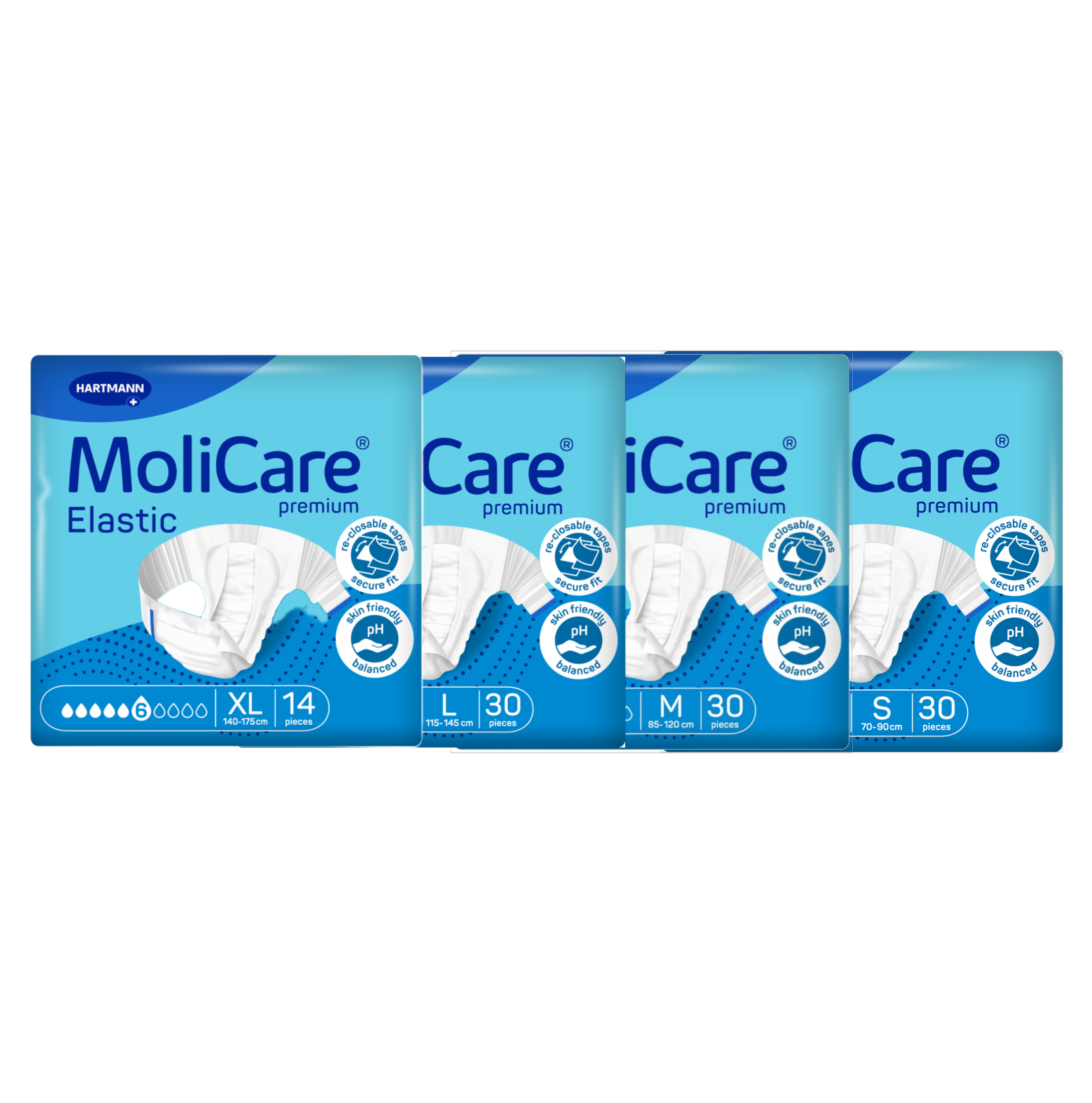 Comparison lineup of MoliCare Premium Elastic packaging showing sizes Extra Large (XL), Large (L), Medium (M), and Small (S).