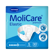 Front packaging of MoliCare Premium Elastic adult diapers, Size Small (70-90cm), 6-drop absorbency, 30 pieces.