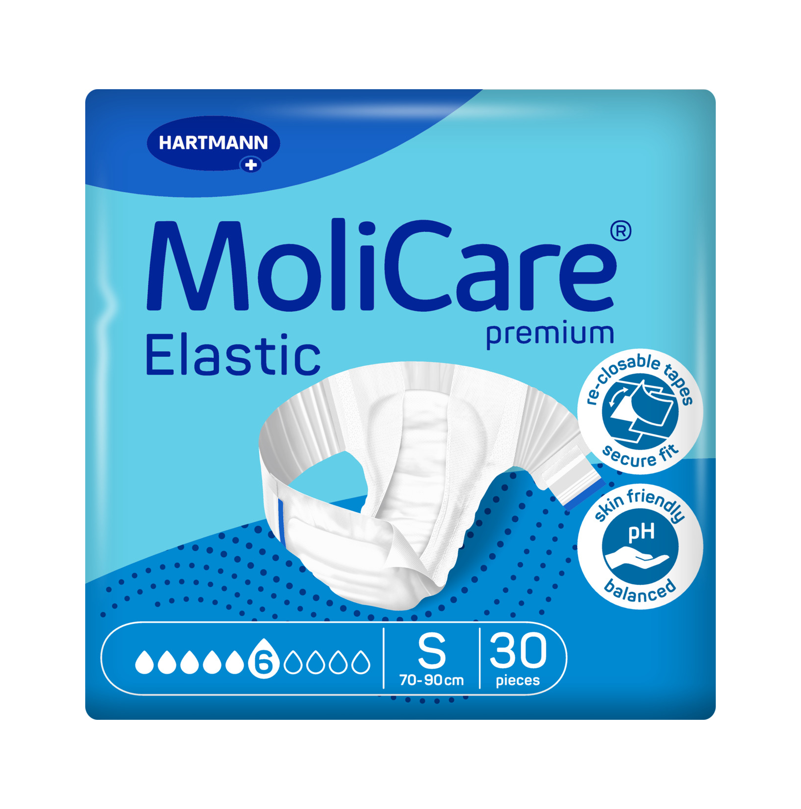 Front packaging of MoliCare Premium Elastic adult diapers, Size Small (70-90cm), 6-drop absorbency, 30 pieces.