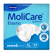 Front packaging of HARTMANN MoliCare Premium Elastic adult diapers, Size Extra Large (140-175cm), 6-drop absorbency, 14 pieces.