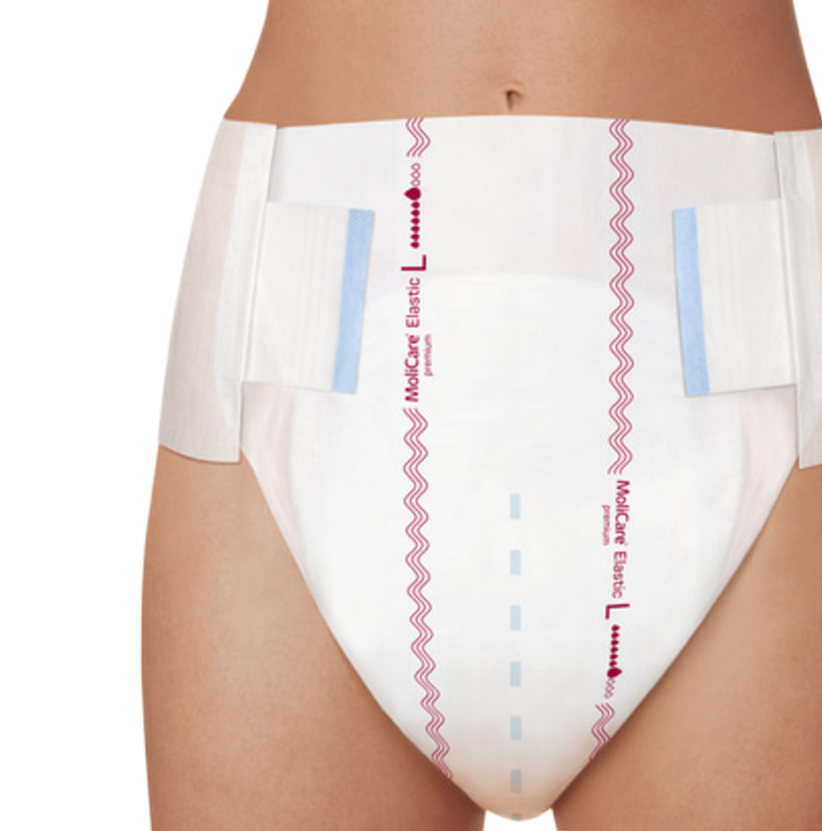 Close-up demonstration of the MoliCare Premium Elastic diaper being worn, showing the secure tape placement and anatomical fit.