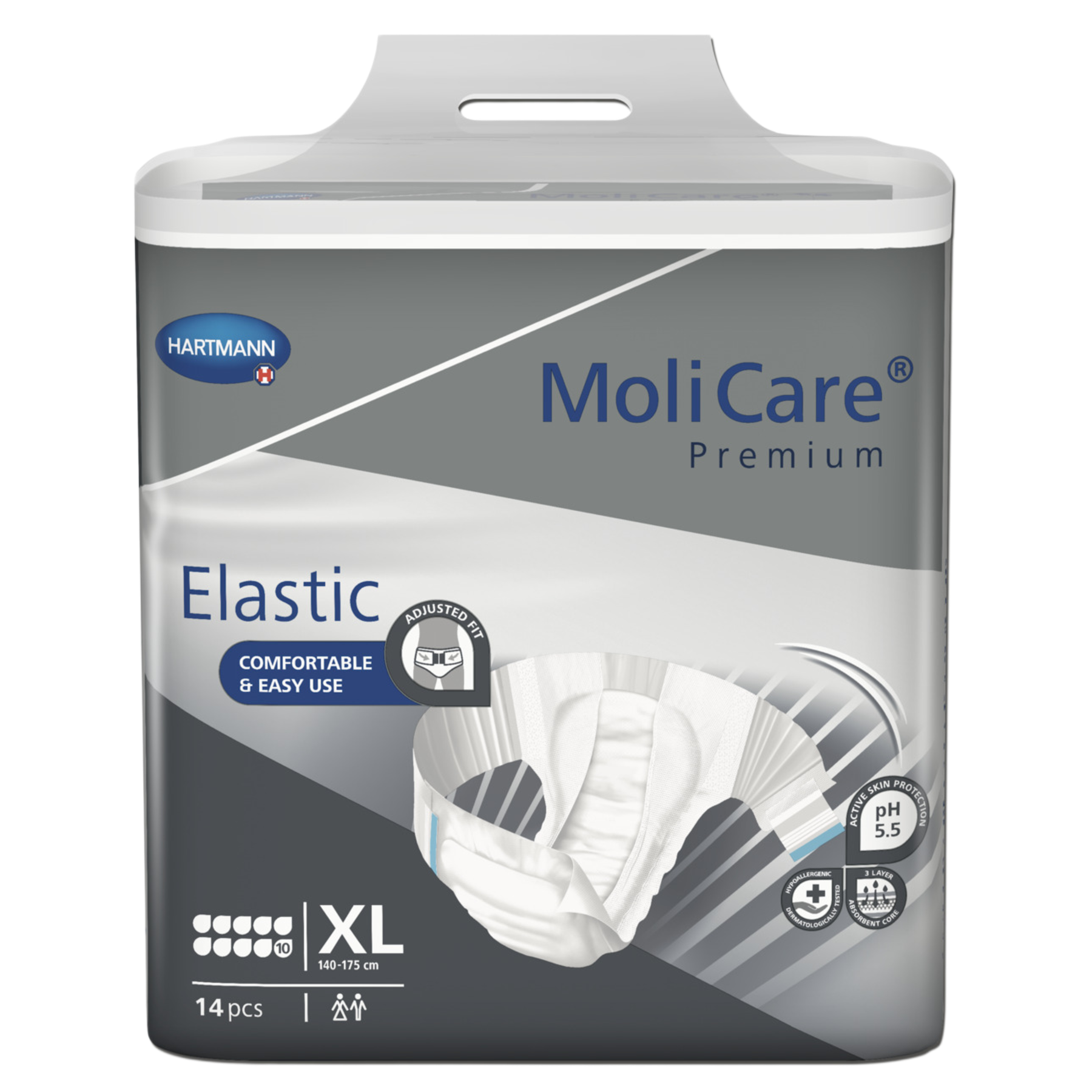 Front packaging of MoliCare Premium Elastic adult incontinence briefs in size Extra Large, featuring 10-drop absorbency and a 14-piece count.