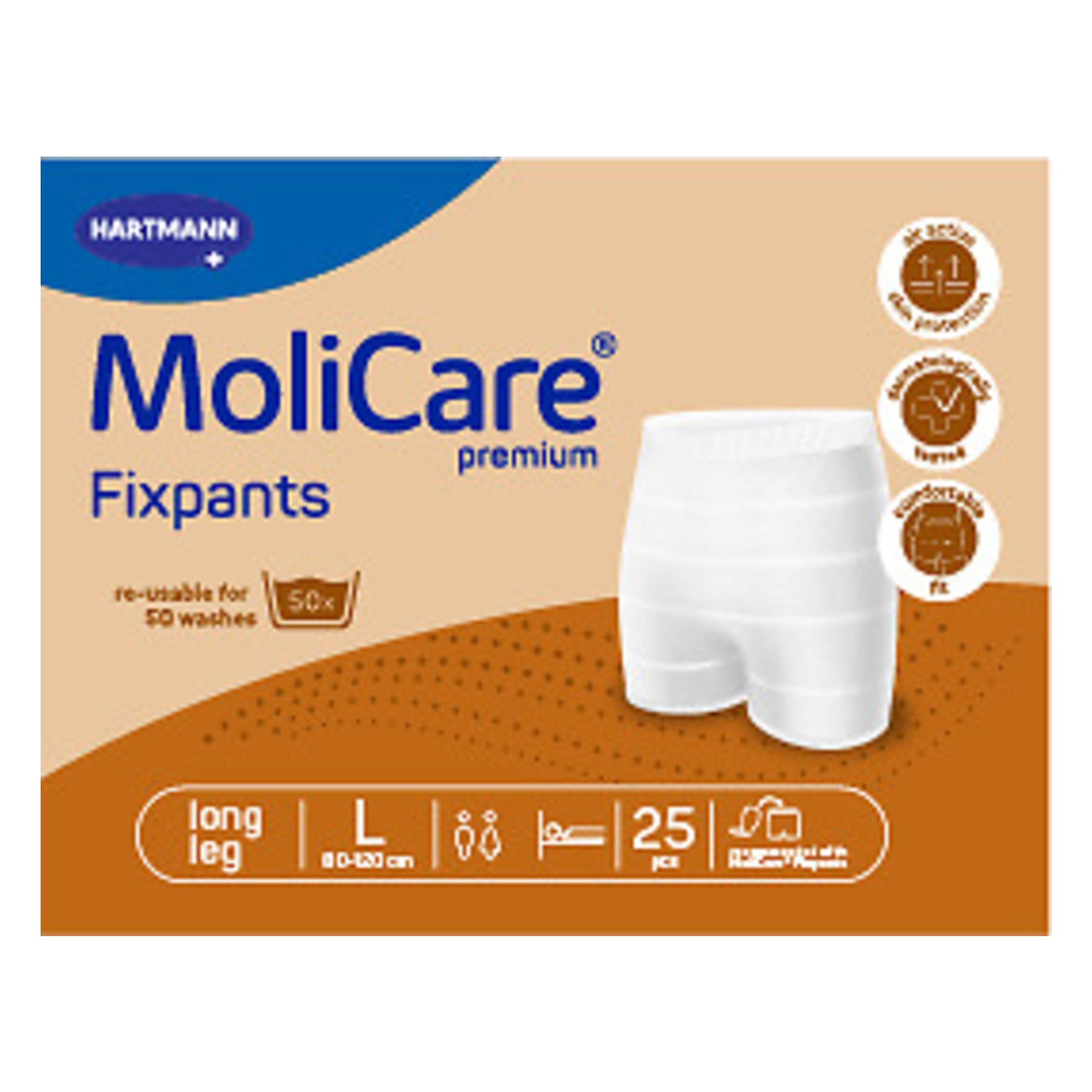 Front packaging of MoliCare Premium FixPants Long Leg, Size Large (waist 100-140 cm), brown color-coded waistband identification.