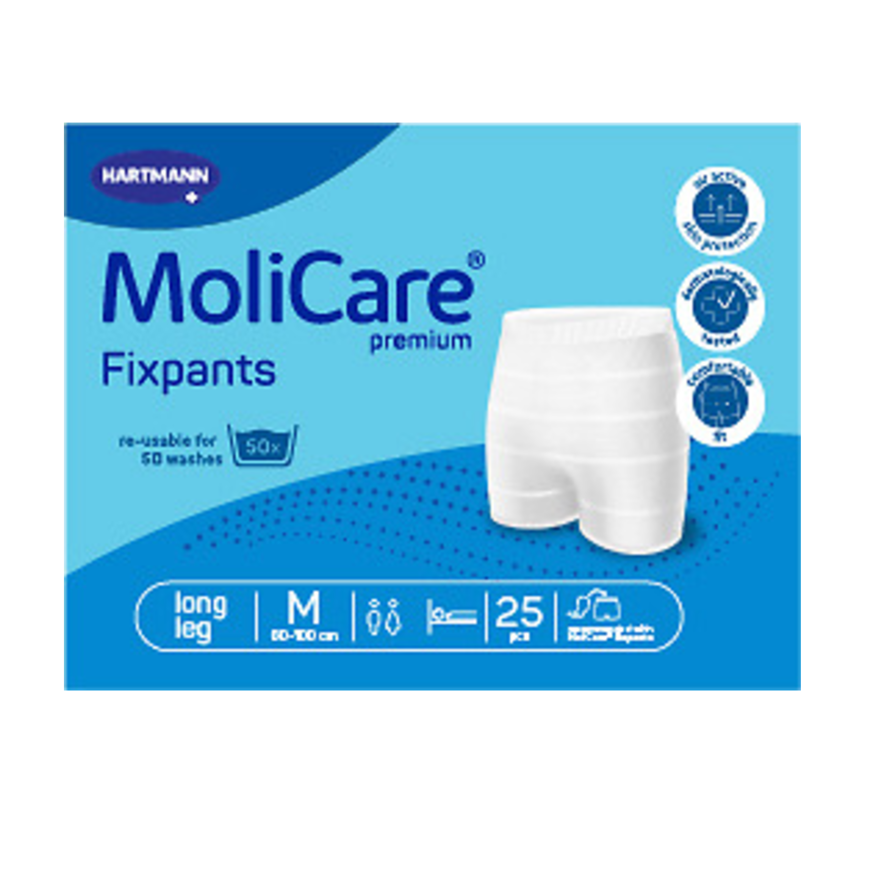 Front packaging of MoliCare Premium FixPants Long Leg, Size Medium (waist 80-120 cm), blue color-coded waistband identification.