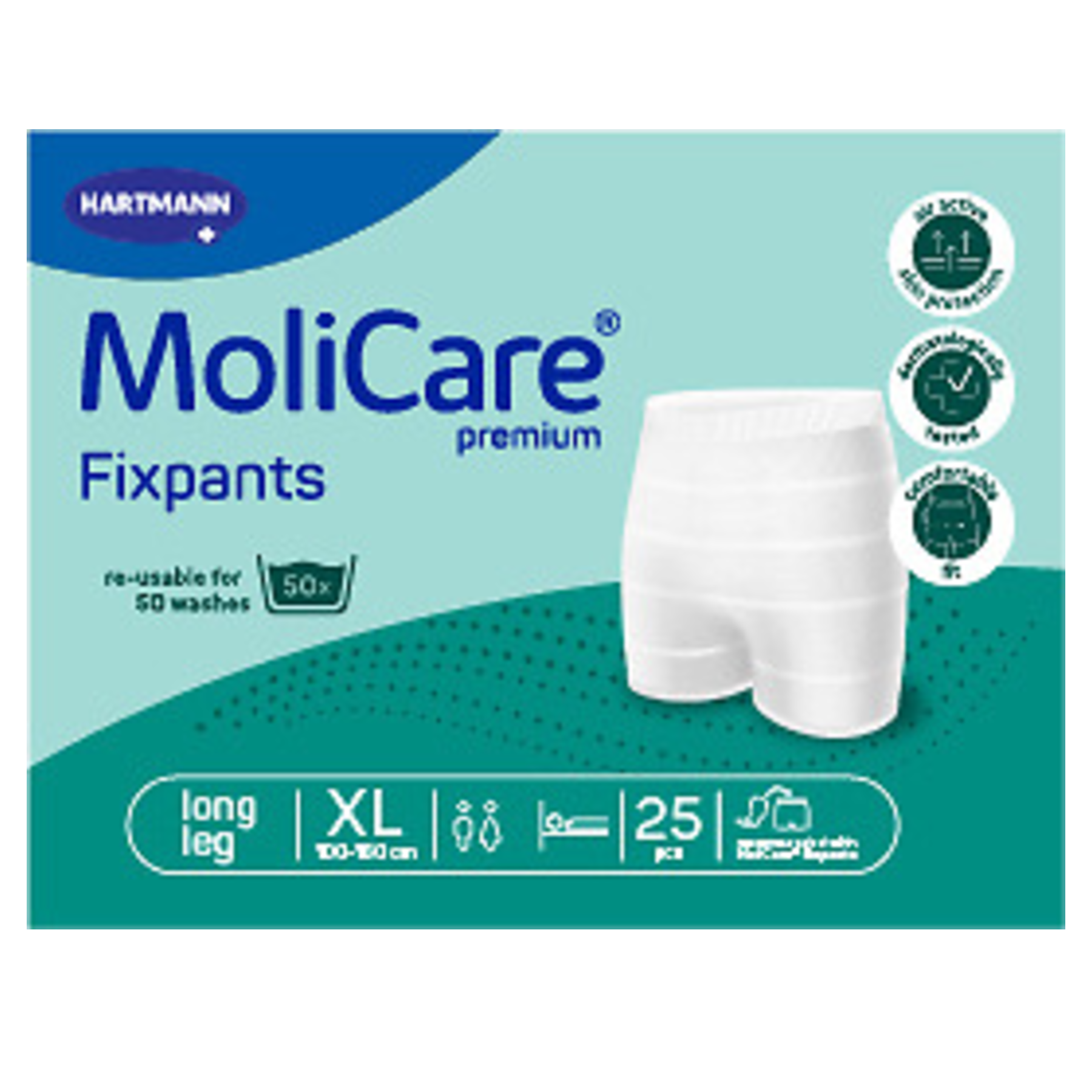 Front packaging of MoliCare Premium FixPants Long Leg, Size Extra Large (waist 120-160 cm), green color-coded waistband identification.