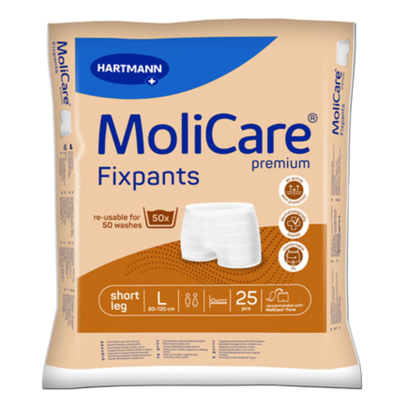 Front view of a 25-piece pack of Hartmann MoliCare Premium Fixpants in size Large (80-120 cm) with a short leg design, featuring a "re-usable for 50 washes" label.