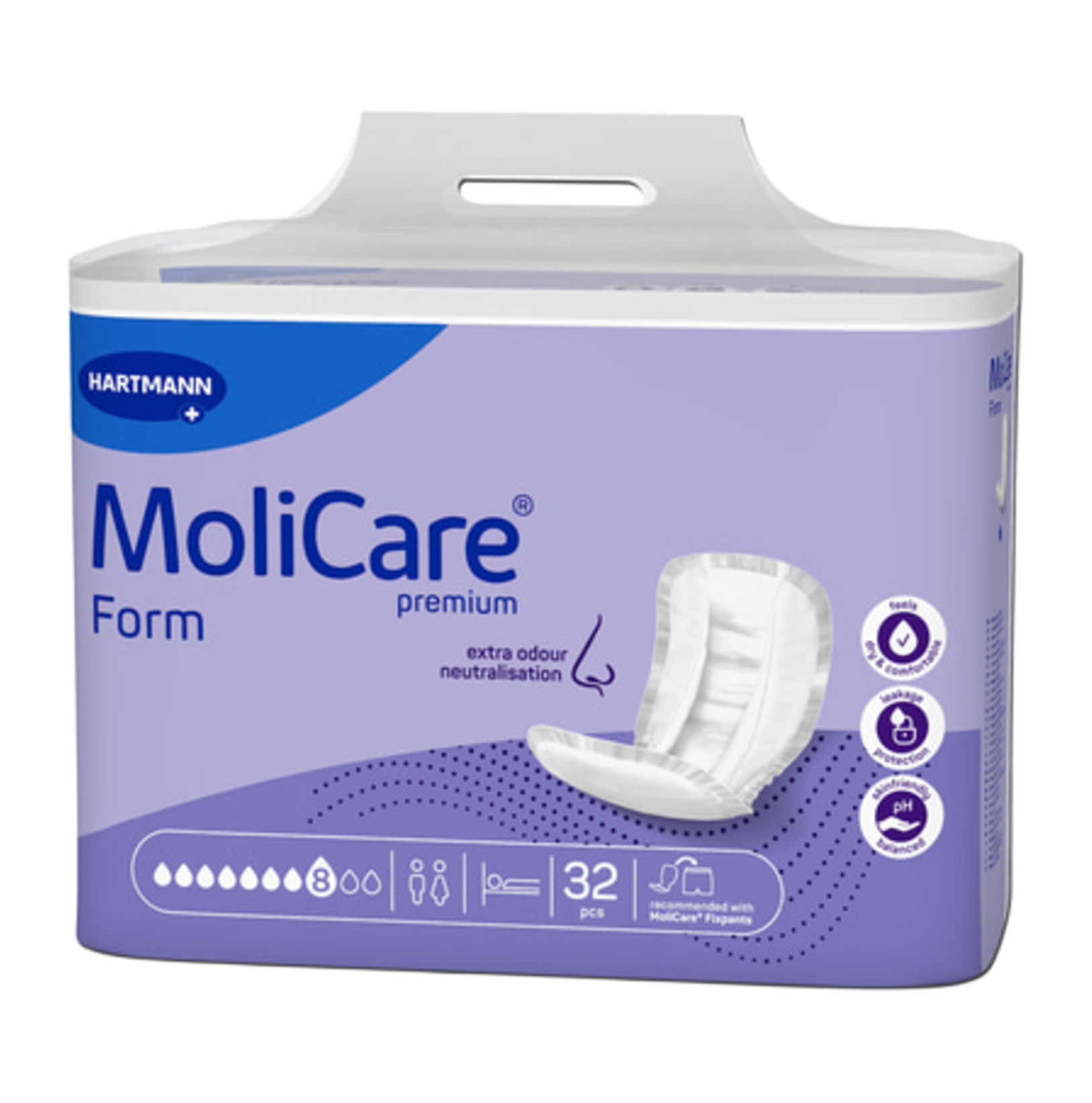 Front packaging of MoliCare Premium Form 8 Drops shaped incontinence pads, showing a 32-piece count and purple color-coded absorbency level for severe incontinence.