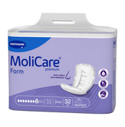 Front packaging of MoliCare Premium Form 8 Drops shaped incontinence pads, showing a 32-piece count and purple color-coded absorbency level for severe incontinence.