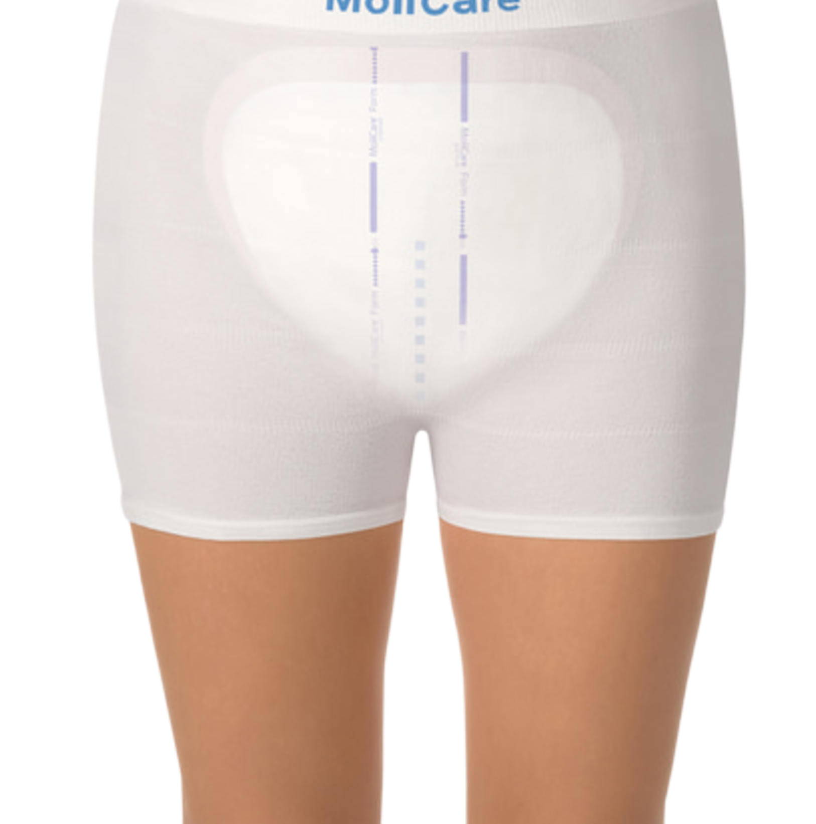 Close-up of a MoliCare Premium Form 8 Drops pad showing the anatomically shaped design, white textile-like backsheet, and the 3-layer absorbent core with inner leakage cuffs.