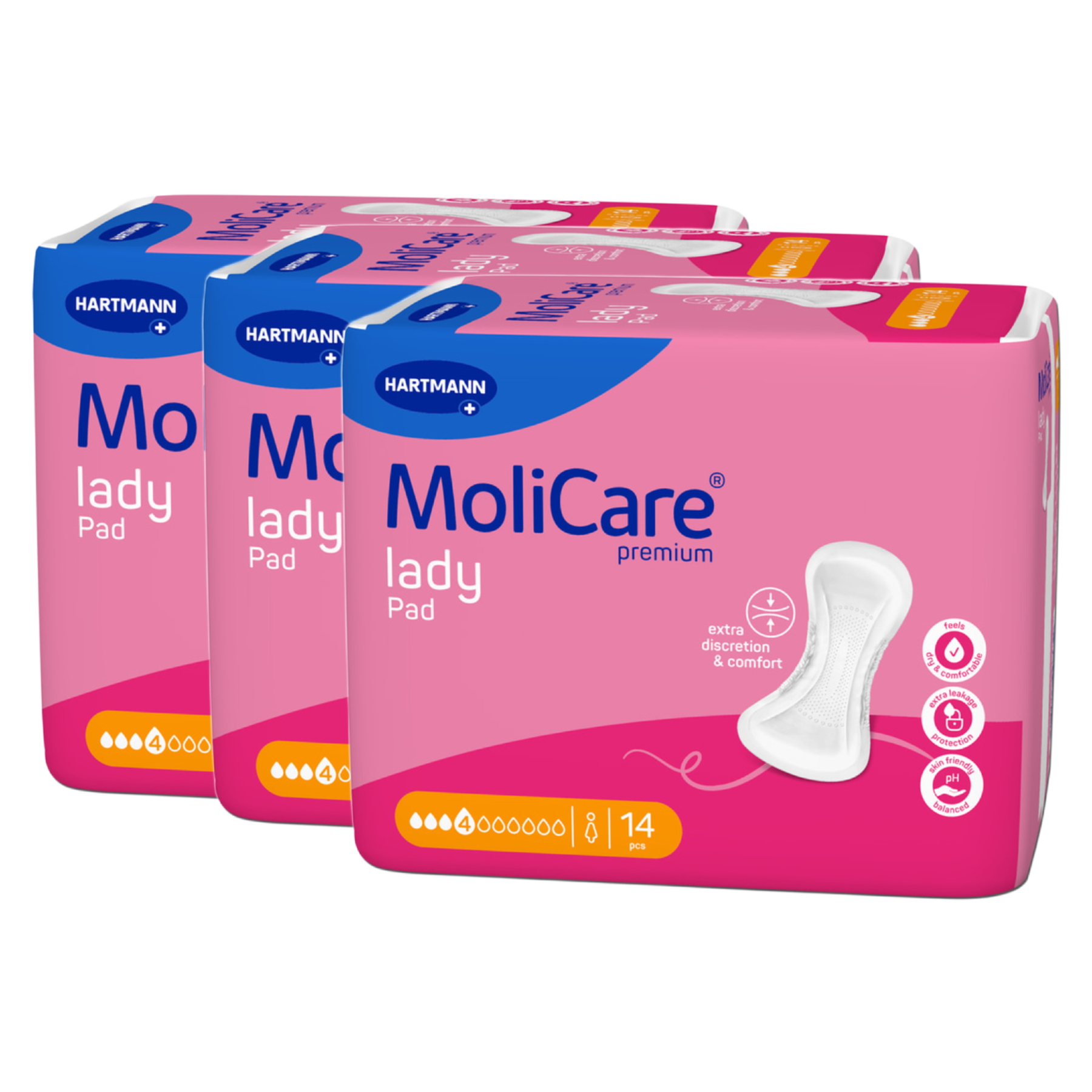 Three packs of MoliCare Premium lady Pads in pink packaging, each containing 14 pieces of 4-drop absorbency pads for bladder weakness.