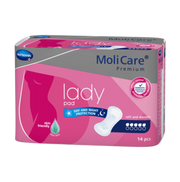 Retail packaging for Hartmann MoliCare Premium Lady Pad 5 Drops, showing the "FeelDry Advanced" technology and skin-balanced pH 5.5 features.