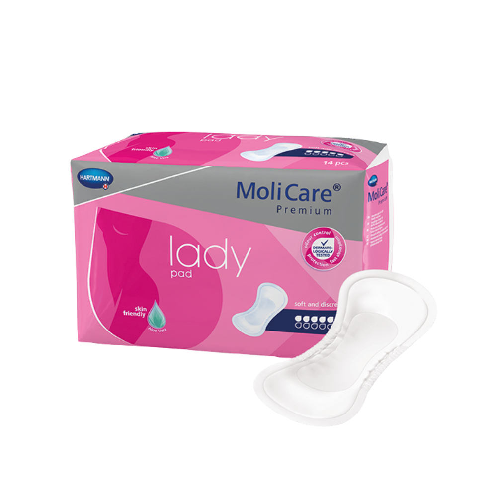 Front view of the MoliCare Premium Lady Pad 5 Drops packaging, featuring a 14-pack count and "3x Protection" for moderate bladder weakness.