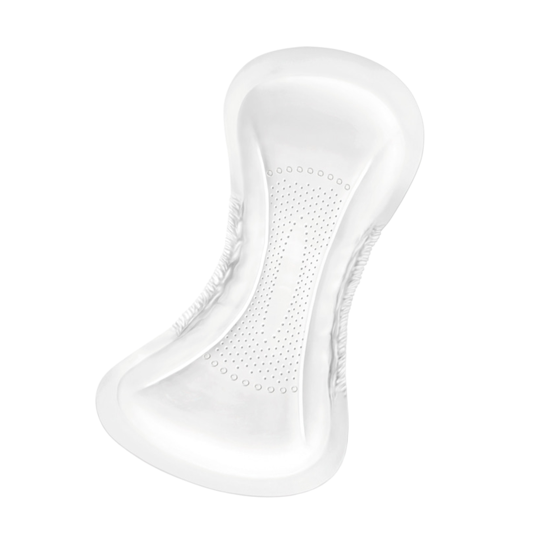 Overhead view of a single MoliCare Premium lady Pad showing its anatomical contoured shape, perforated top layer for rapid absorption, and soft side ruffles.