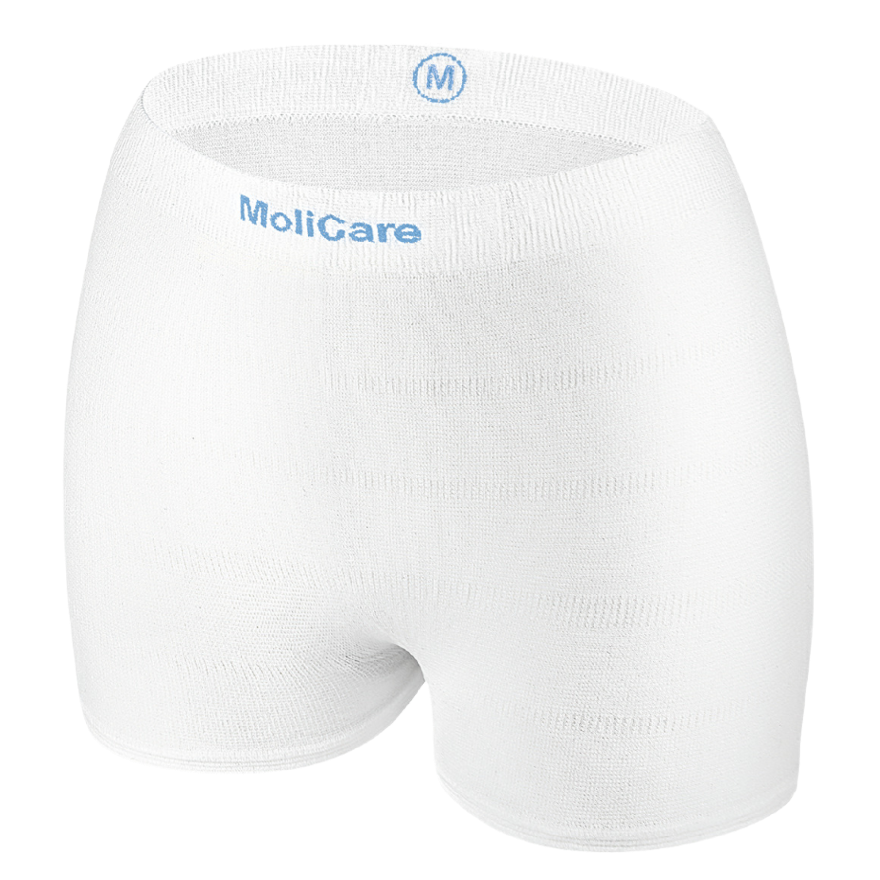 A close-up view of a MoliCare Premium MEN Form anatomical pad worn inside white fixation pants to demonstrate the secure V-shaped fit tailored for men.