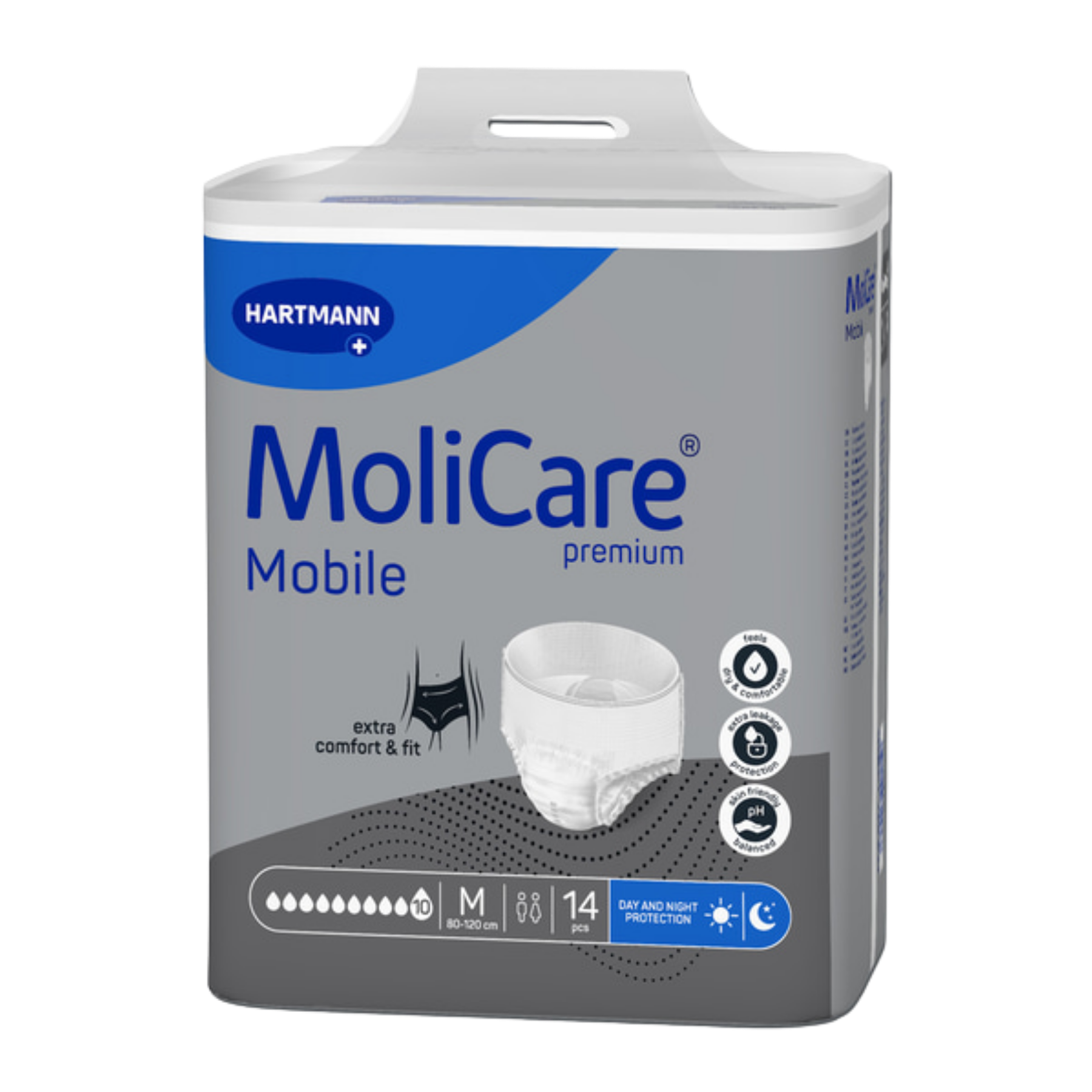 Front view of the MoliCare Premium Mobile 10 Drops Medium packaging, showing the 10-drop absorbency rating and 14-piece count.