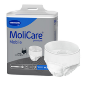 The MoliCare Premium Mobile 10 Drops Medium retail pack shown alongside an individual pull-up pant to display the product design and absorbency level.