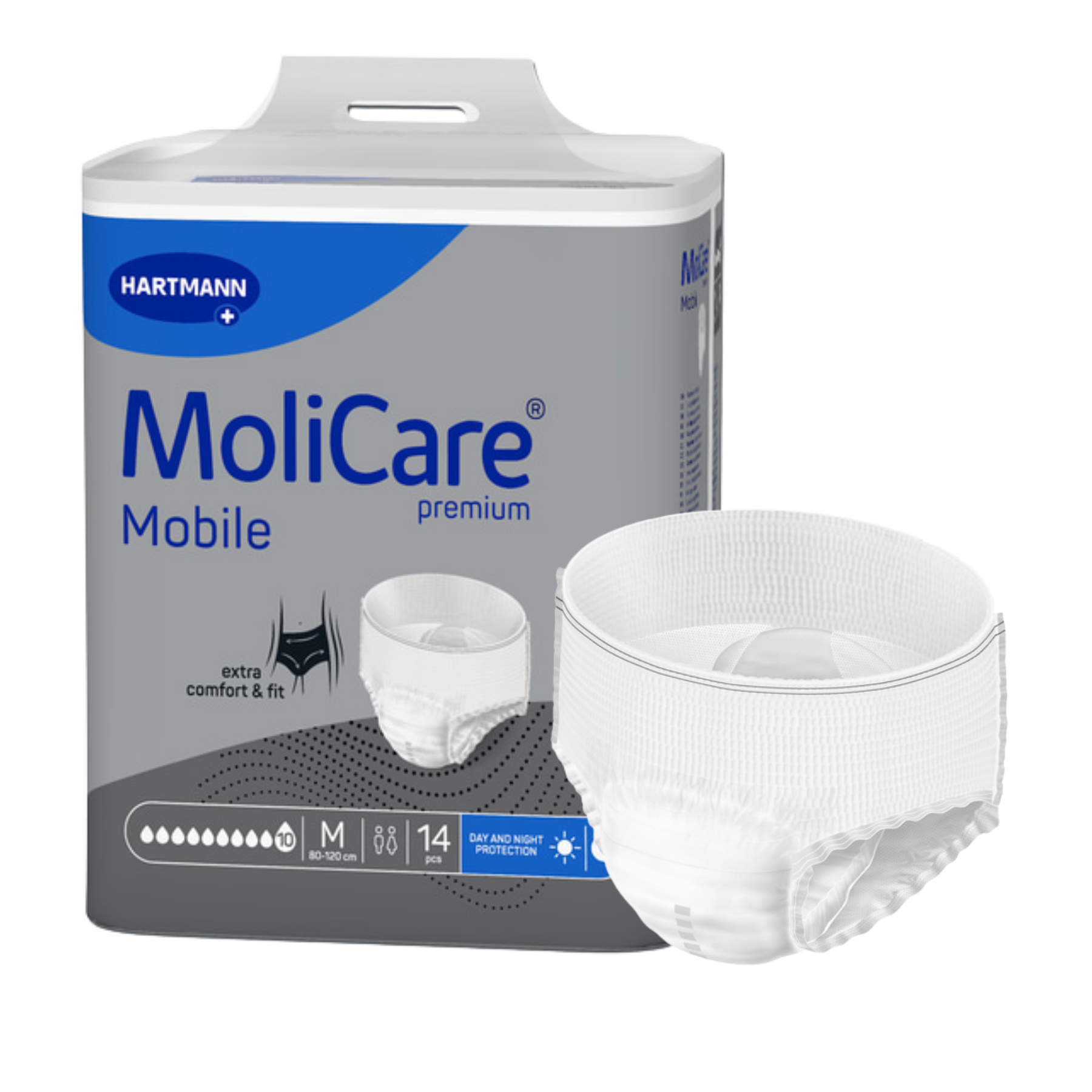 The MoliCare Premium Mobile 10 Drops Medium retail pack shown alongside an individual pull-up pant to display the product design and absorbency level.