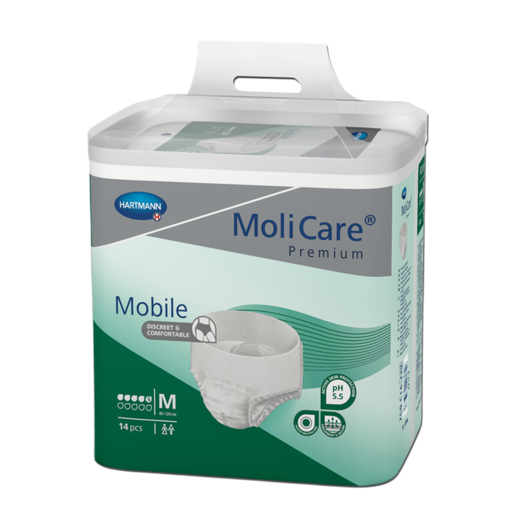 Packaging for MoliCare Premium Mobile size Medium, containing 14 pieces, highlighting the discreet and comfortable fit.