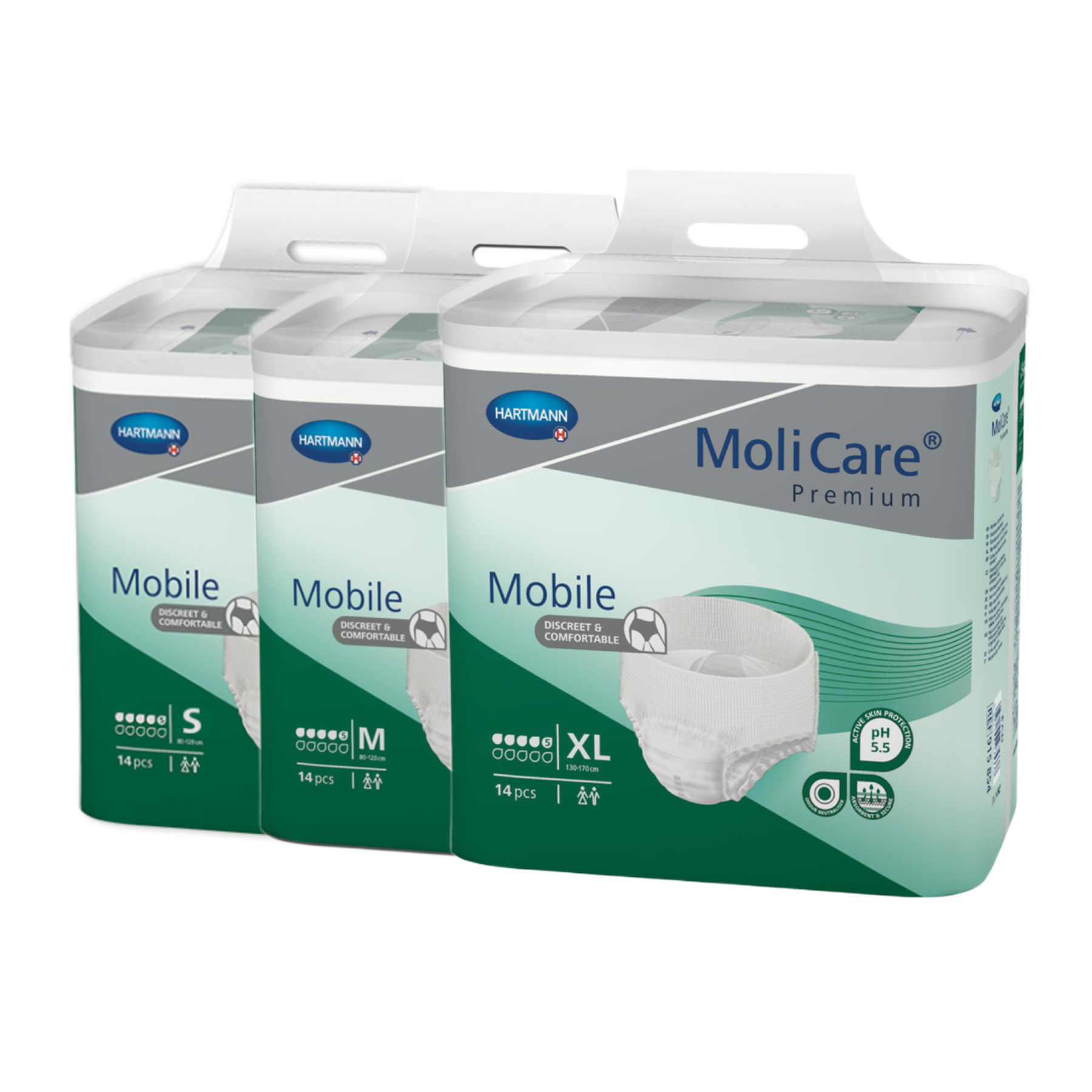 Three packs of MoliCare Premium Mobile incontinence pants shown together in sizes Small, Medium, and Extra Large.