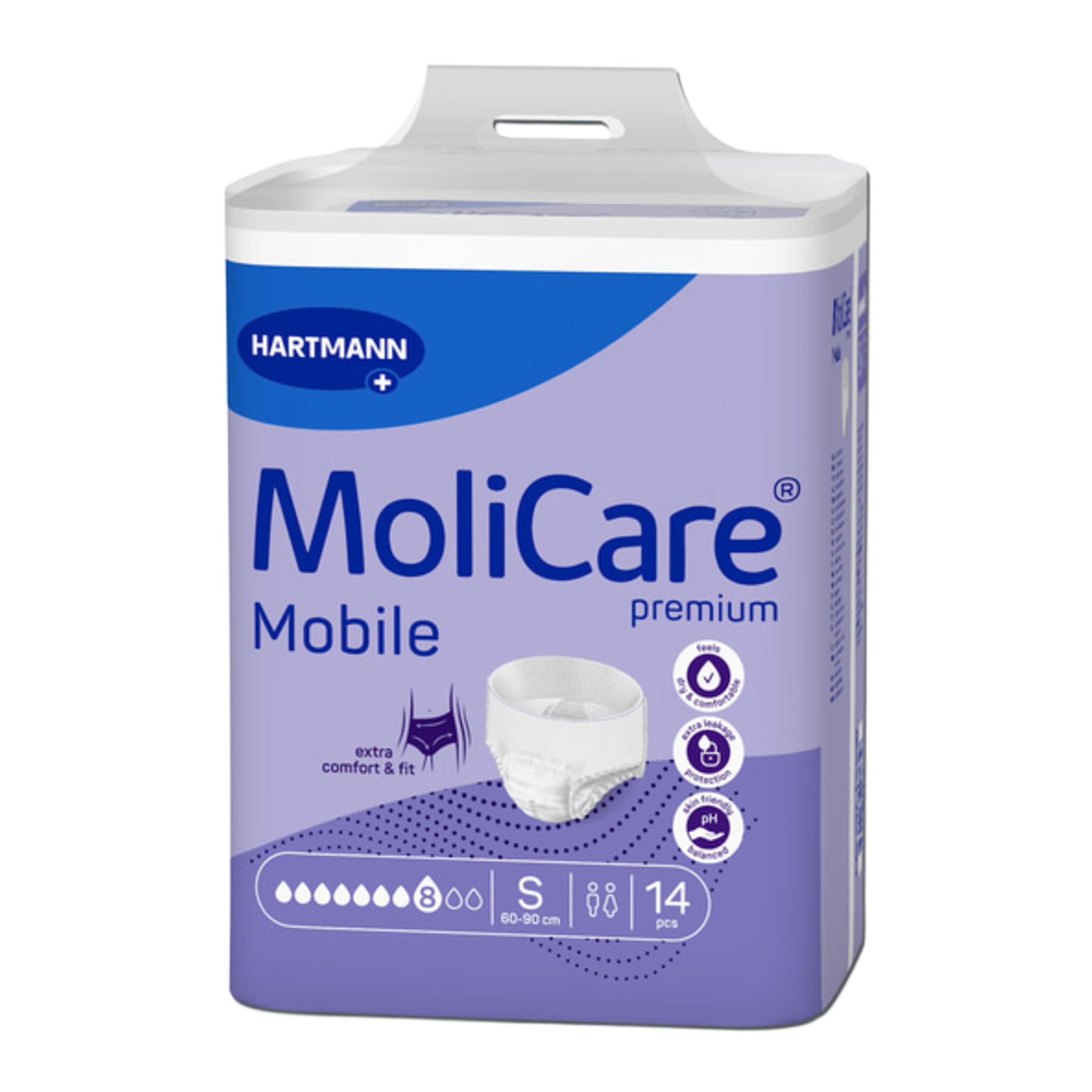Front view of a MoliCare Premium Mobile Size Small (S) package, indicating an 8-drop absorbency rating and a 14-count pack for heavy incontinence.