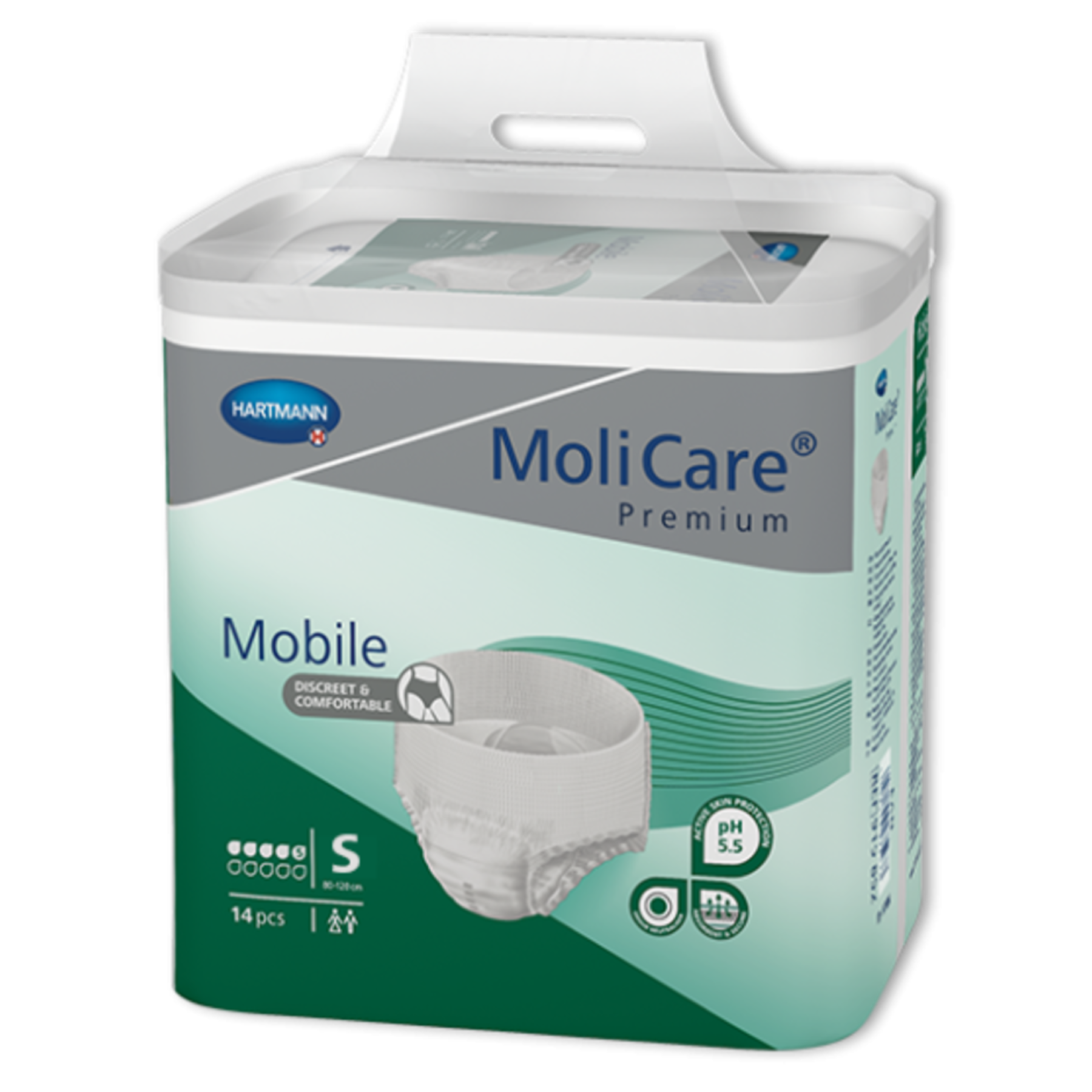Packaging for MoliCare Premium Mobile size Small, containing 14 pieces, featuring a green and grey design with Hartmann branding.