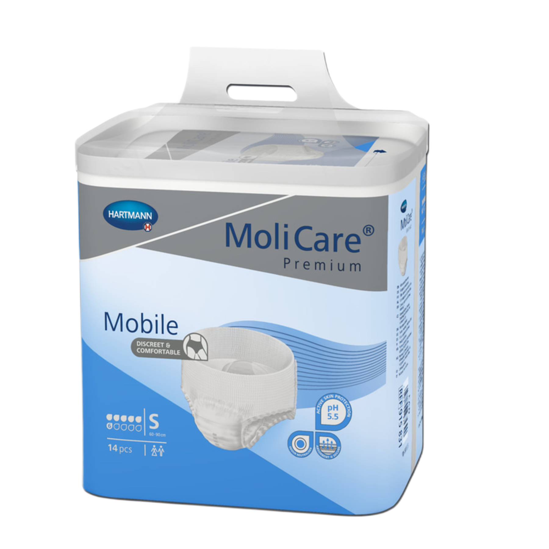 MoliCare Premium Mobile size Small packaging, containing 14 pieces, designed for discreet and comfortable incontinence protection.