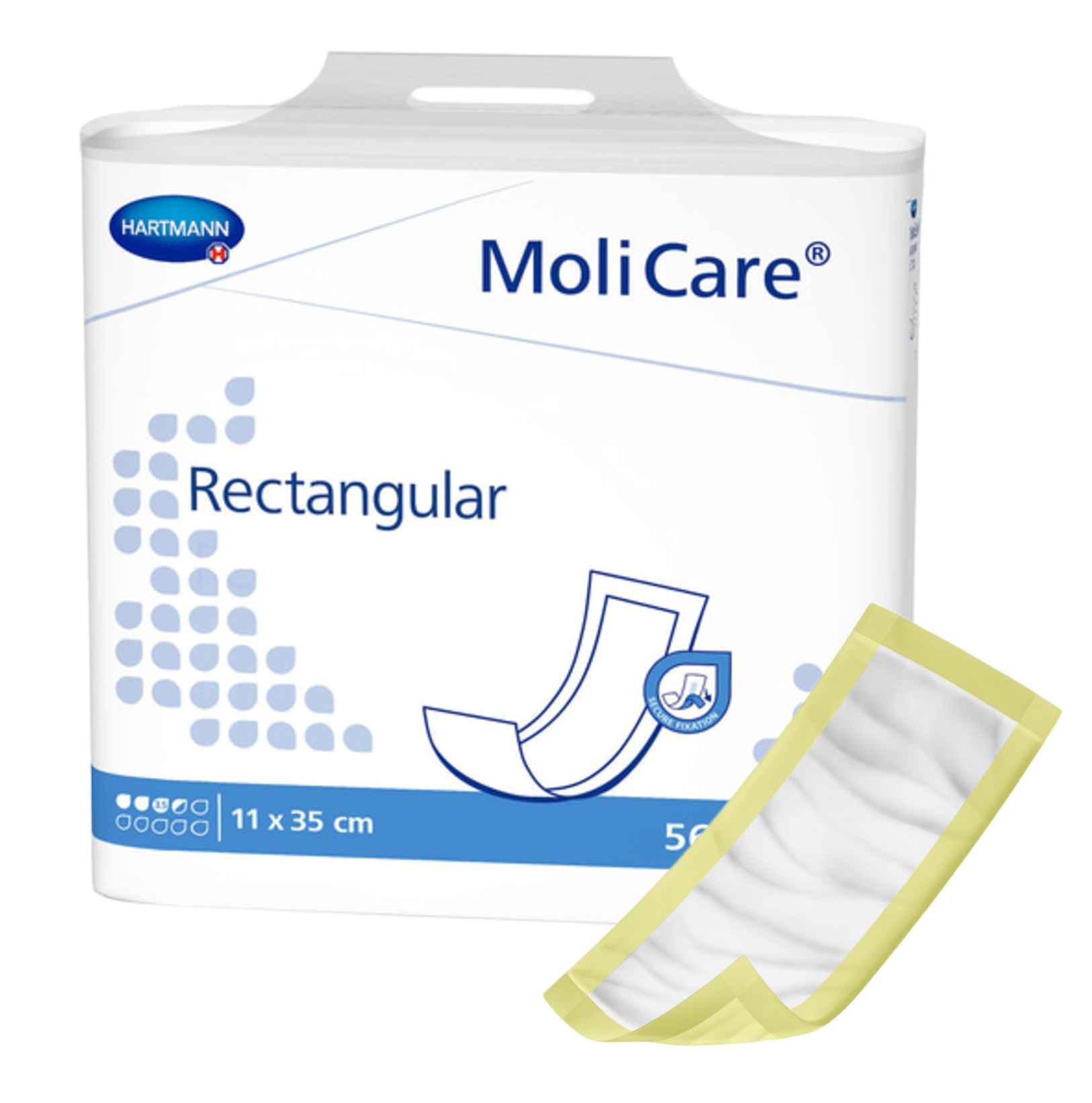 MoliCare rectangular medical product packaging with a sample pad on a white background