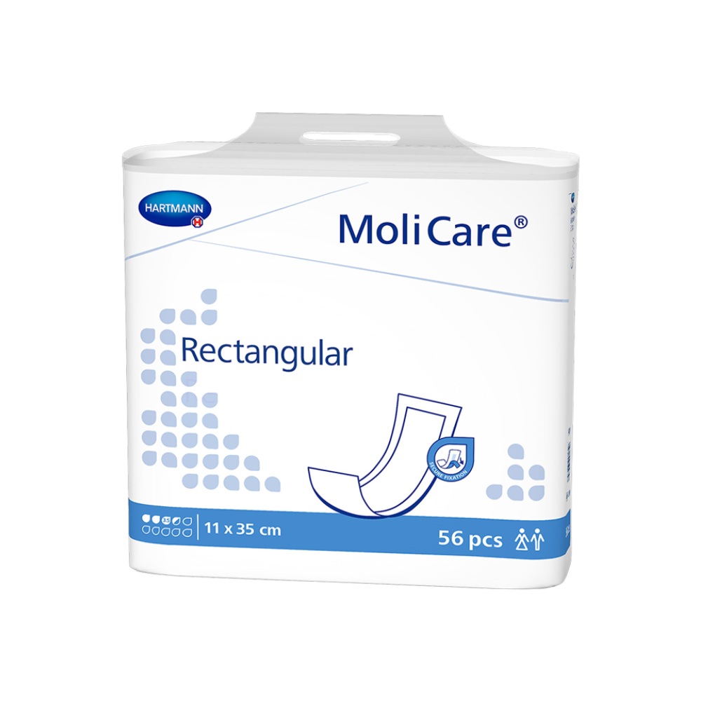 A simple insert pad containing superabsorbent polymers with an adhesive strip for light urinary incontinence or faecal staining and smearing.