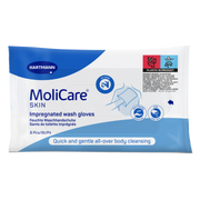 Front packaging of Hartmann MoliCare Skin Impregnated Wash Gloves, showing an 8-piece count and "no rinse" icons for quick body cleansing.