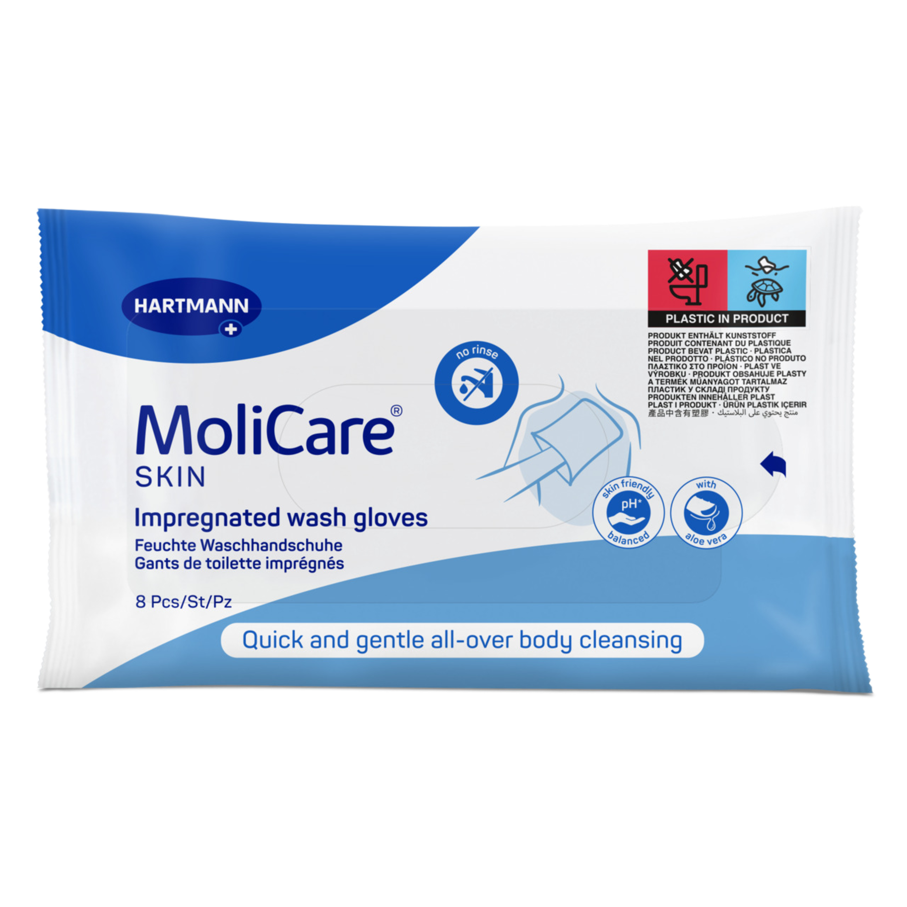 Front packaging of Hartmann MoliCare Skin Impregnated Wash Gloves, showing an 8-piece count and "no rinse" icons for quick body cleansing.